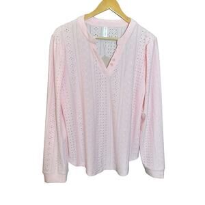 Zolucky Women Pink Eyelet Long Sleeve Top With Lace on Back Size XL